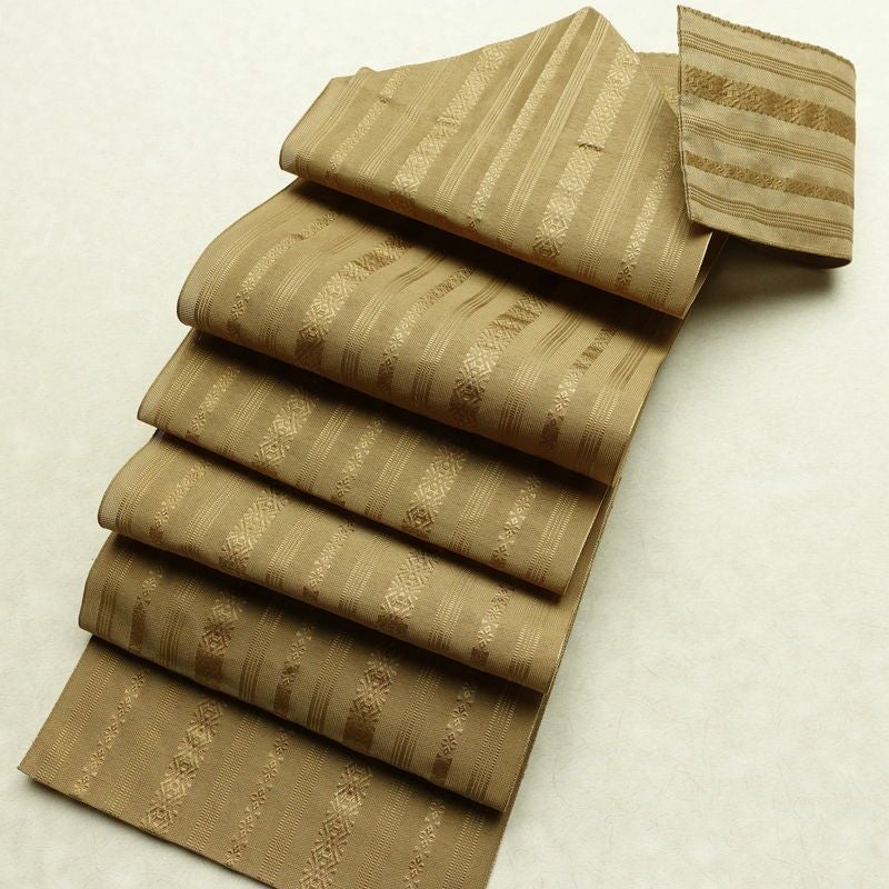 名古屋帯 全通柄 夏用 ポリエステル 縞柄・線柄 松葉仕立て なごや帯 リサイクル帯 帯 黄・黄土色_画像19