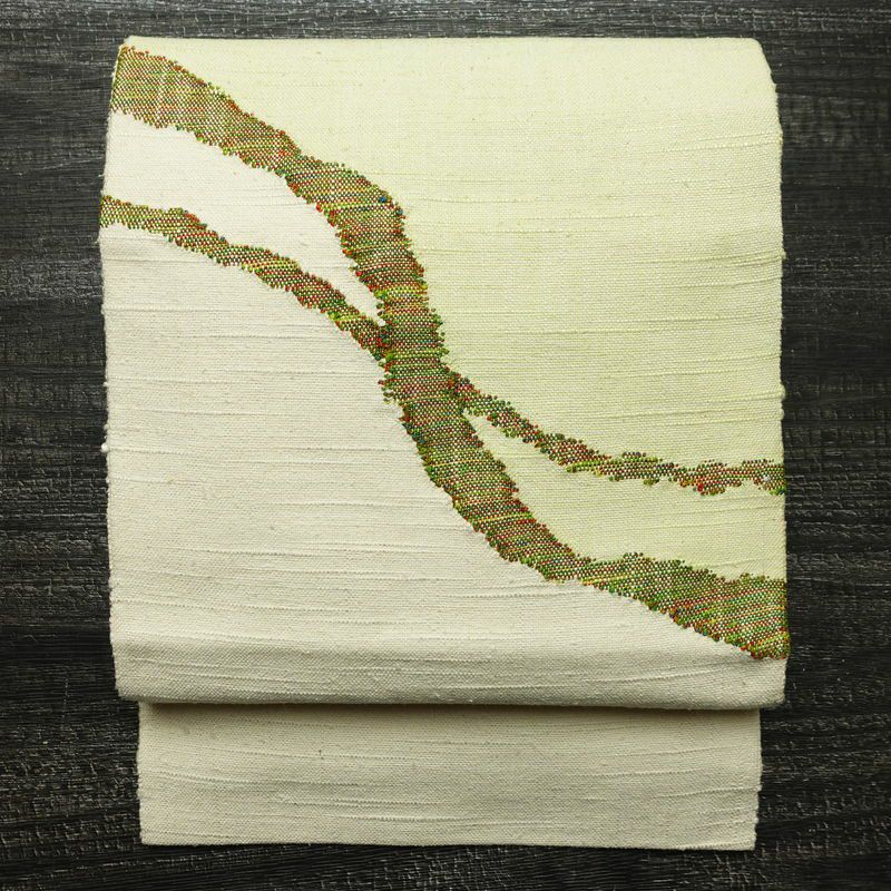 名古屋帯 太鼓柄 正絹 幾何学柄・抽象柄 松葉仕立て なごや帯 リサイクル帯 帯 紬地 緑・うぐいす色_画像1