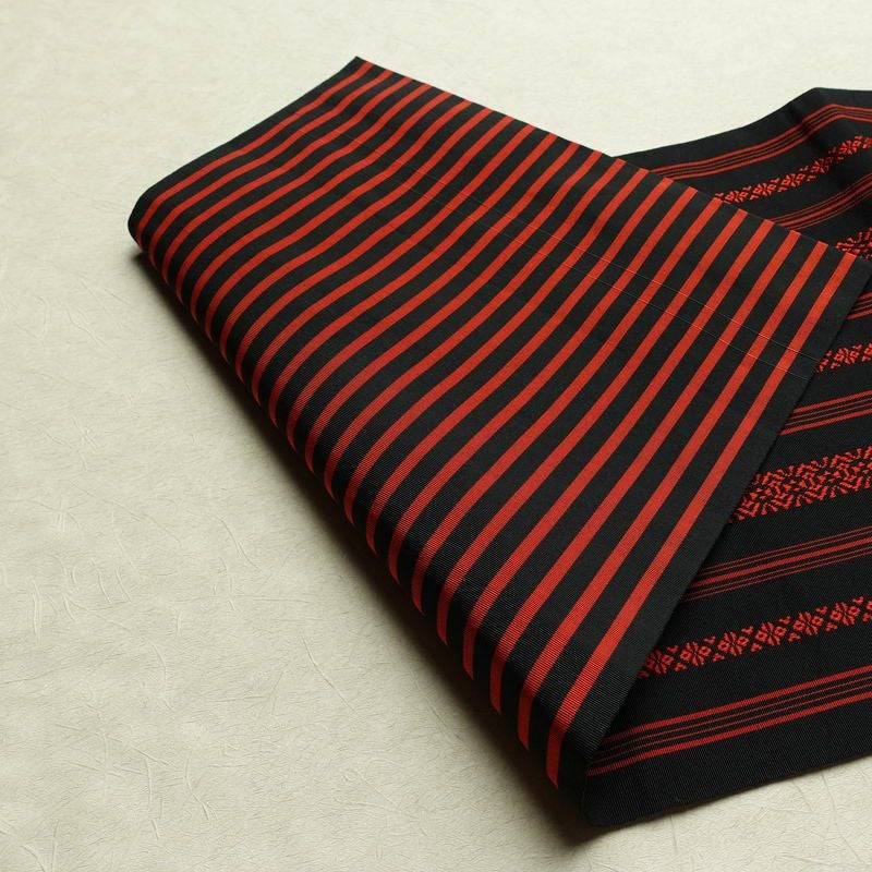 名古屋帯 全通柄 良品 正絹 縞柄・線柄 松葉仕立て なごや帯 リサイクル帯 帯 黒_画像9