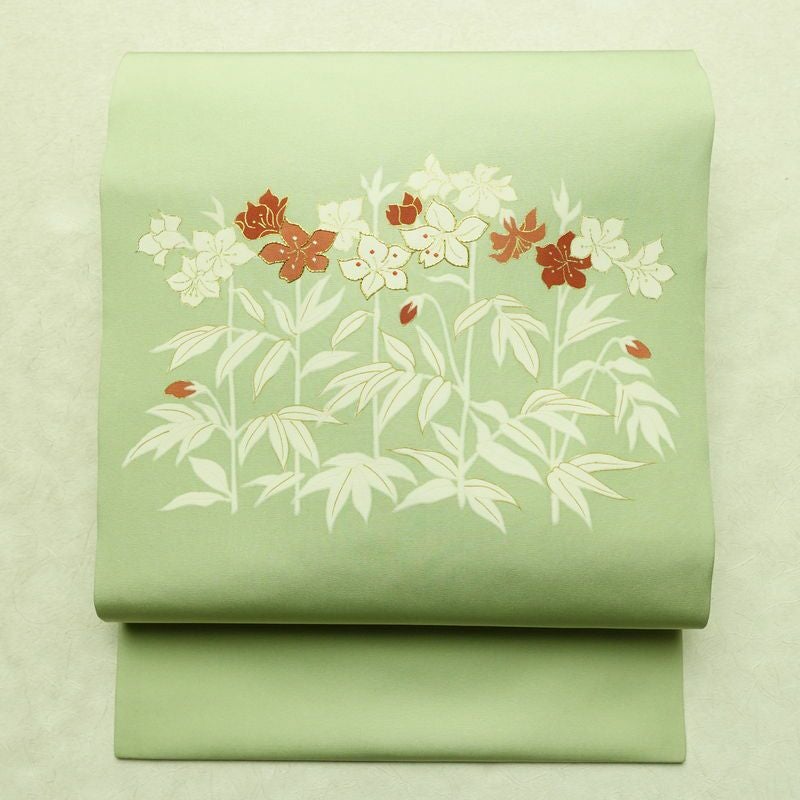 名古屋帯 太鼓柄 良品 金駒刺繍 正絹 花柄 名古屋仕立て なごや帯 リサイクル帯 帯 刺繍 金彩 上品 緑・うぐいす色_画像1