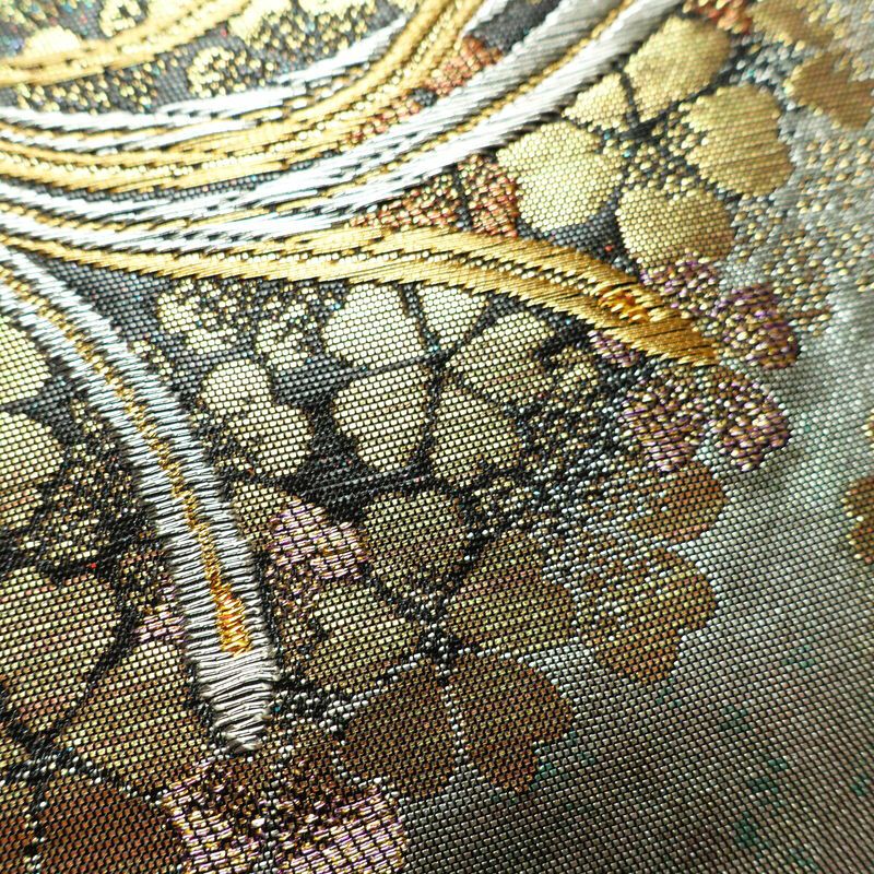 名古屋帯 青銅箔 太鼓柄 良品 正絹 人物・動物柄 名古屋仕立て なごや帯 リサイクル帯 帯 引箔 黒_画像6