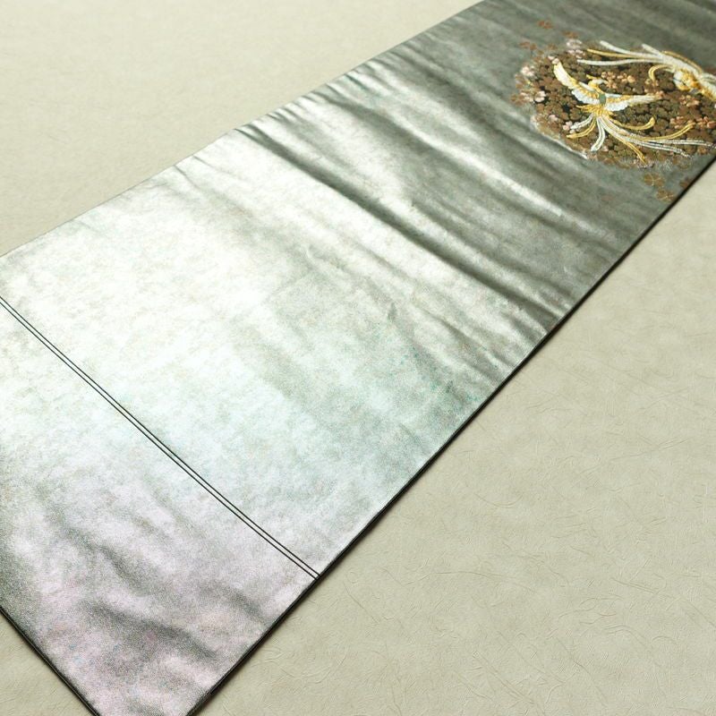 名古屋帯 青銅箔 太鼓柄 良品 正絹 人物・動物柄 名古屋仕立て なごや帯 リサイクル帯 帯 引箔 黒_画像10