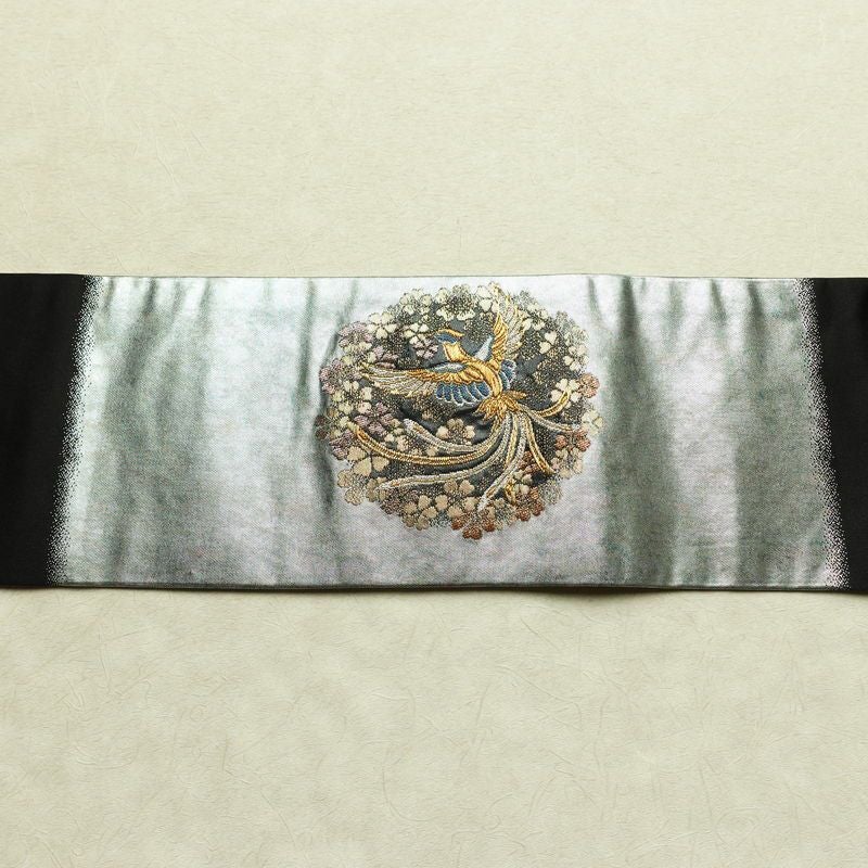 名古屋帯 青銅箔 太鼓柄 良品 正絹 人物・動物柄 名古屋仕立て なごや帯 リサイクル帯 帯 引箔 黒_画像14