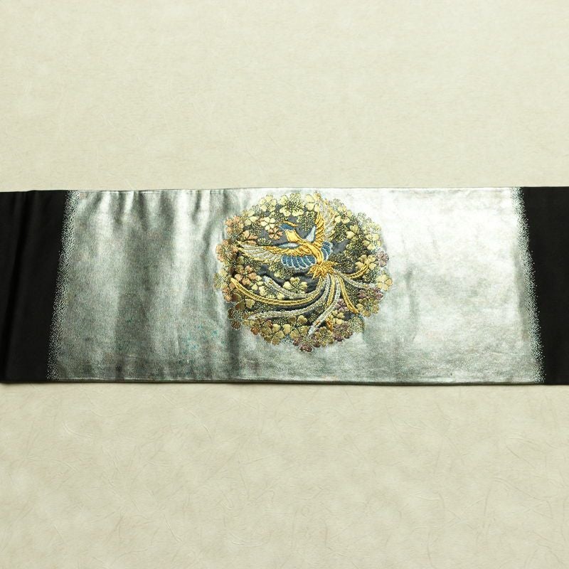 名古屋帯 青銅箔 太鼓柄 良品 正絹 人物・動物柄 名古屋仕立て なごや帯 リサイクル帯 帯 引箔 黒_画像15