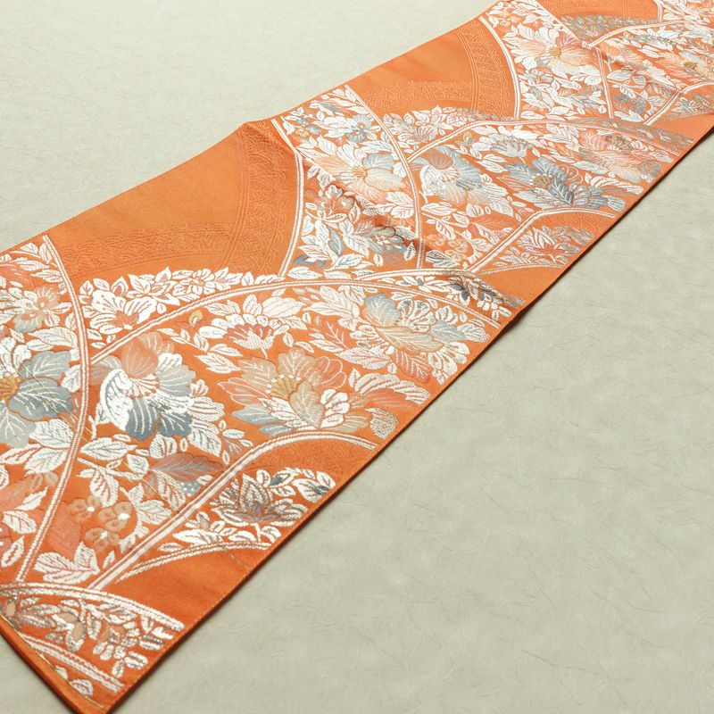 名古屋帯 六通柄 良品 正絹 花柄 松葉仕立て なごや帯 リサイクル帯 帯 橙_画像8