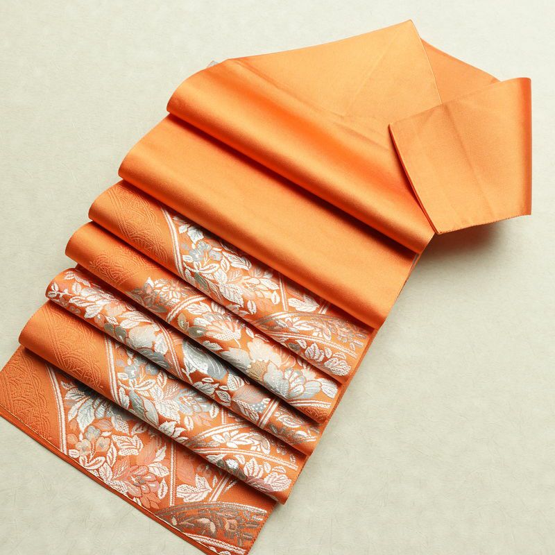 名古屋帯 六通柄 良品 正絹 花柄 松葉仕立て なごや帯 リサイクル帯 帯 橙_画像18