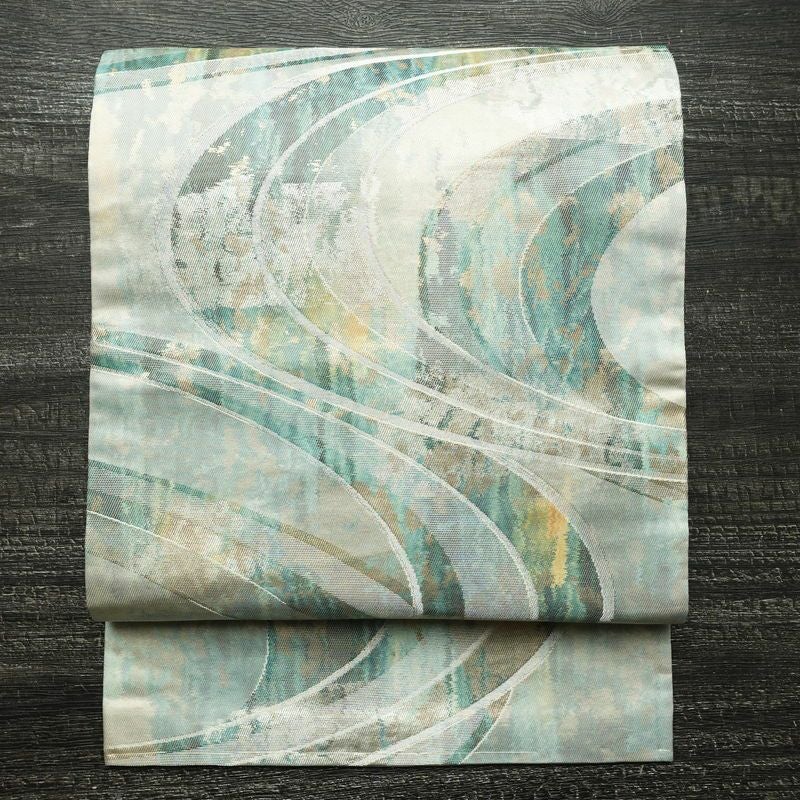 名古屋帯 六通柄 正絹 流水・波柄 名古屋仕立て なごや帯 リサイクル帯 帯 箔 緑・うぐいす色_画像1