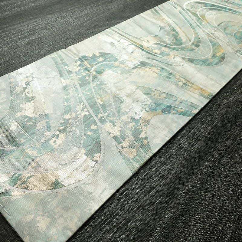 名古屋帯 六通柄 正絹 流水・波柄 名古屋仕立て なごや帯 リサイクル帯 帯 箔 緑・うぐいす色_画像8