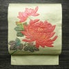 名古屋帯 太鼓柄 正絹 花柄 名古屋仕立て なごや帯 リサイクル帯 帯 箔 緑・うぐいす色_画像1