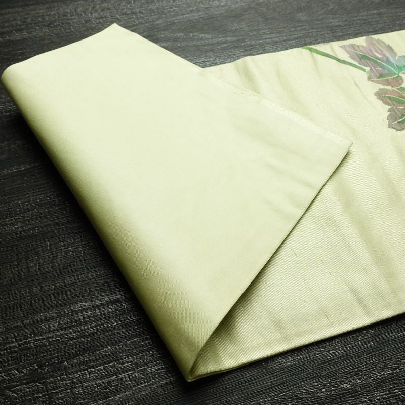 名古屋帯 太鼓柄 正絹 花柄 名古屋仕立て なごや帯 リサイクル帯 帯 箔 緑・うぐいす色_画像9