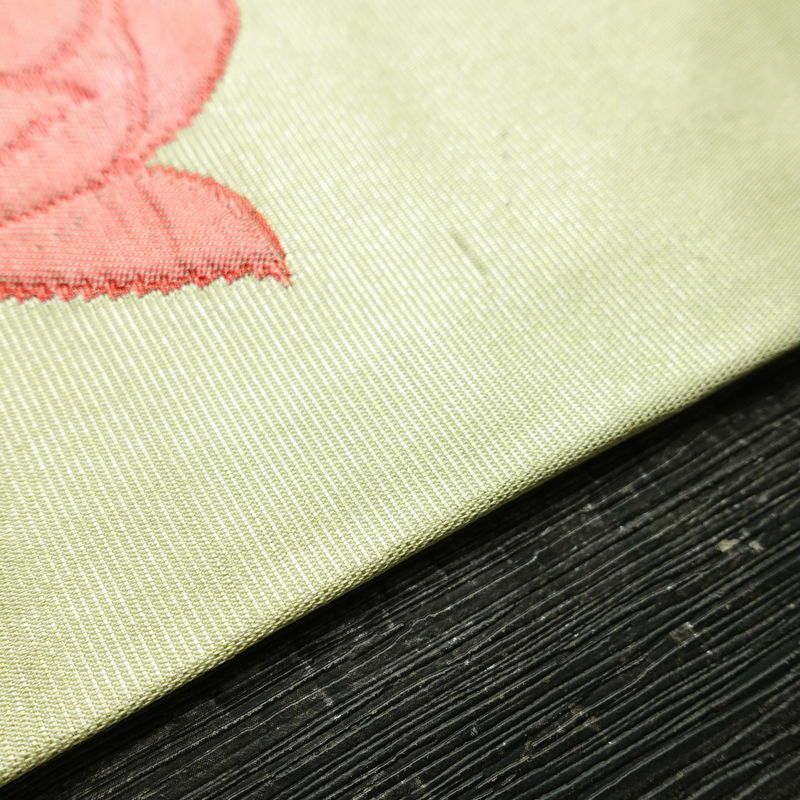 名古屋帯 太鼓柄 正絹 花柄 名古屋仕立て なごや帯 リサイクル帯 帯 箔 緑・うぐいす色_画像12