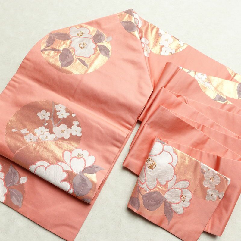 名古屋帯 六通柄 良品 正絹 花柄 名古屋仕立て なごや帯 リサイクル帯 帯 引箔 ピンク_画像17