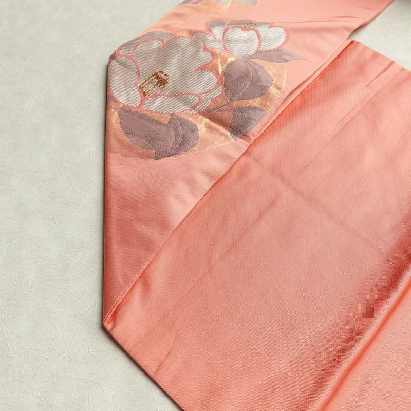 名古屋帯 六通柄 良品 正絹 花柄 名古屋仕立て なごや帯 リサイクル帯 帯 引箔 ピンク_画像19