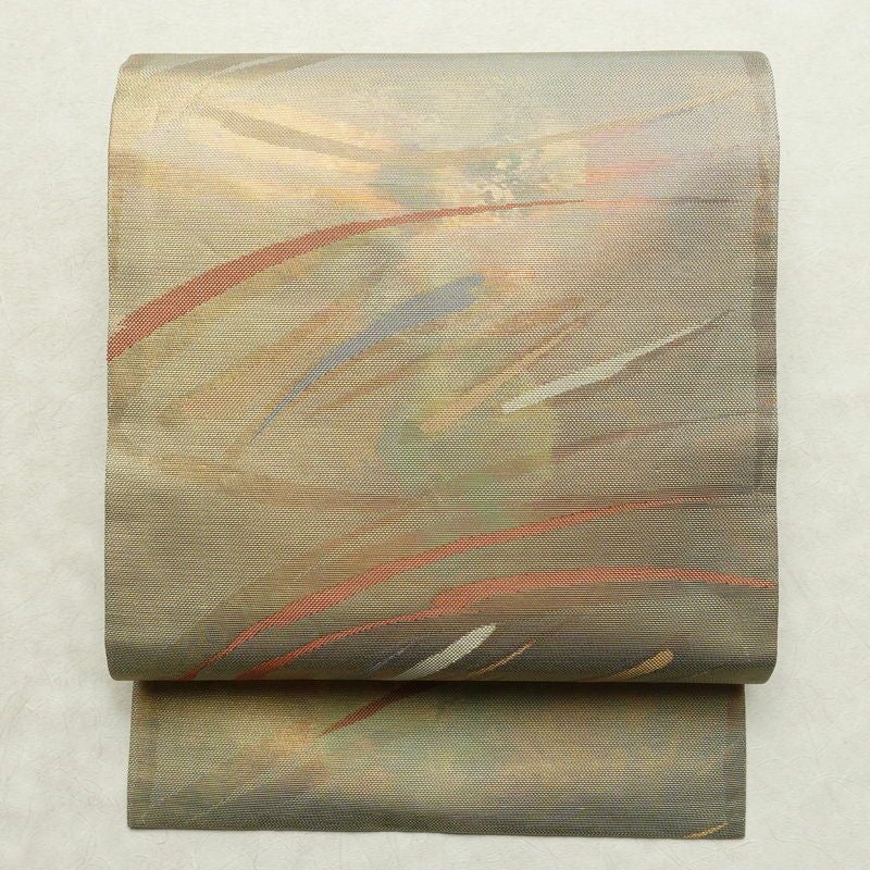 名古屋帯 六通柄 良品 正絹 幾何学柄・抽象柄 名古屋仕立て なごや帯 リサイクル帯 帯 箔 緑・うぐいす色_画像1