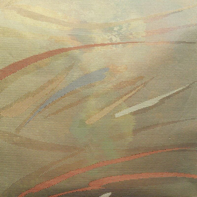 名古屋帯 六通柄 良品 正絹 幾何学柄・抽象柄 名古屋仕立て なごや帯 リサイクル帯 帯 箔 緑・うぐいす色_画像2