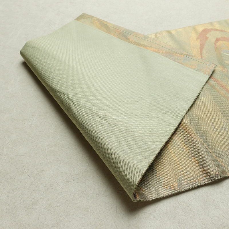 名古屋帯 六通柄 良品 正絹 幾何学柄・抽象柄 名古屋仕立て なごや帯 リサイクル帯 帯 箔 緑・うぐいす色_画像10