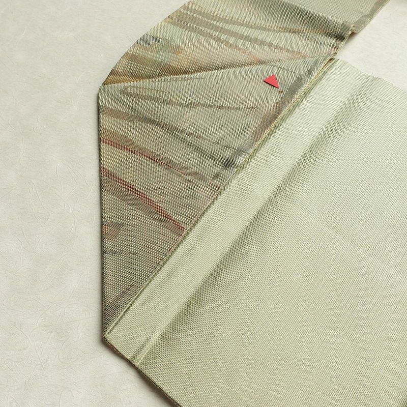 名古屋帯 六通柄 良品 正絹 幾何学柄・抽象柄 名古屋仕立て なごや帯 リサイクル帯 帯 箔 緑・うぐいす色_画像18