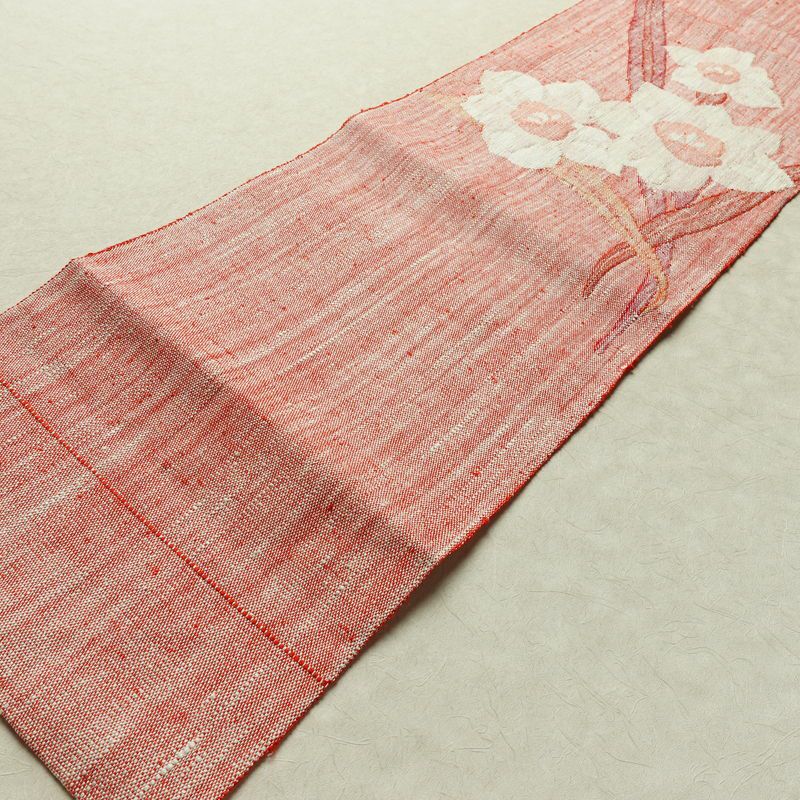 名古屋帯 太鼓柄 良品 正絹 花柄 松葉仕立て なごや帯 リサイクル帯 帯 紬地 赤・朱_画像9