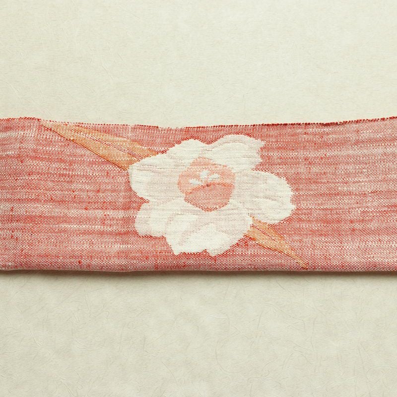 名古屋帯 太鼓柄 良品 正絹 花柄 松葉仕立て なごや帯 リサイクル帯 帯 紬地 赤・朱_画像14