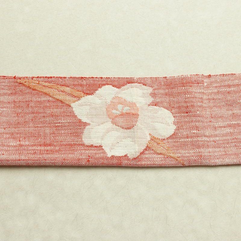 名古屋帯 太鼓柄 良品 正絹 花柄 松葉仕立て なごや帯 リサイクル帯 帯 紬地 赤・朱_画像15