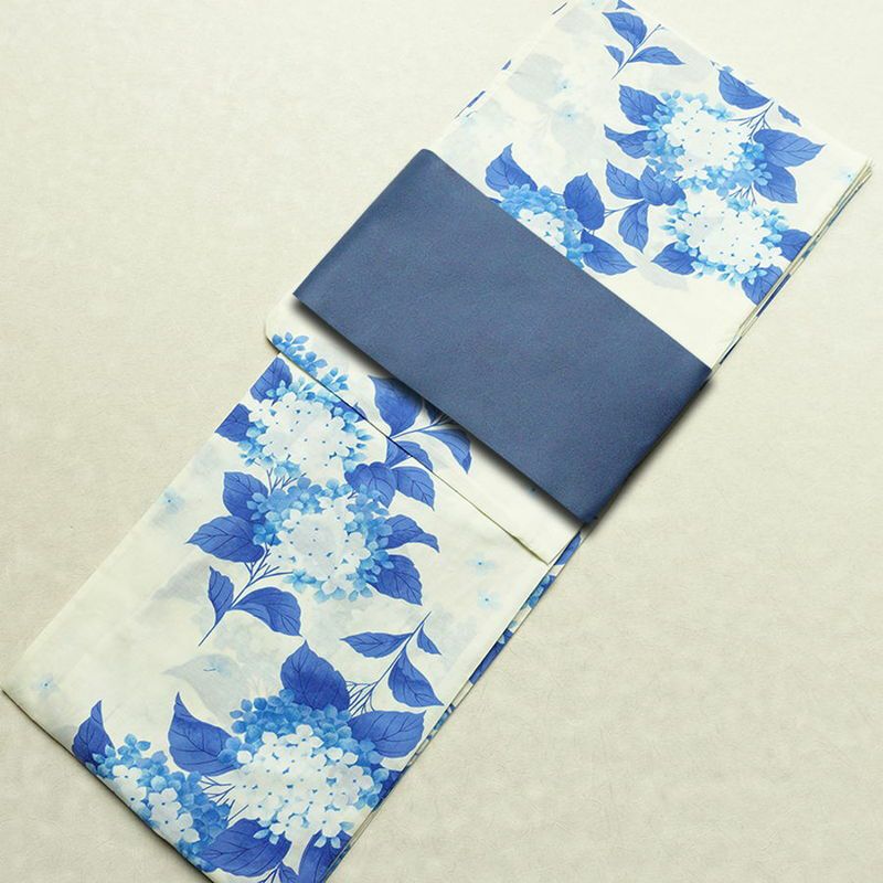 新品 浴衣 女性用 綿 平織 古典柄 花柄 あじさい ゆかた 未使用品 白 上品 シック モダン 紫陽花
