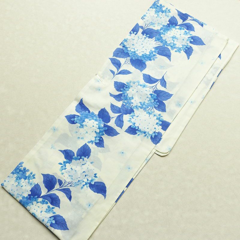 新品 浴衣 女性用 綿 平織 古典柄 花柄 あじさい ゆかた 未使用品 白 上品 シック モダン 紫陽花