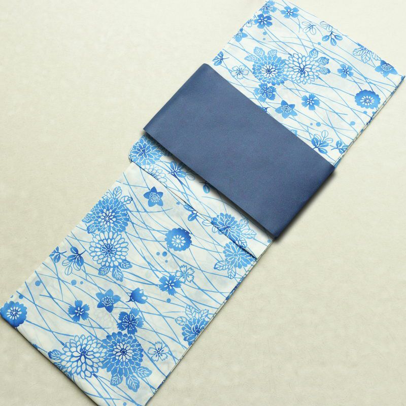 新品 浴衣 帯 2点セット 女性用 綿 平織 古典柄 浴衣 半幅帯 未使用品 白 上品 つゆ芝 菊 モダン