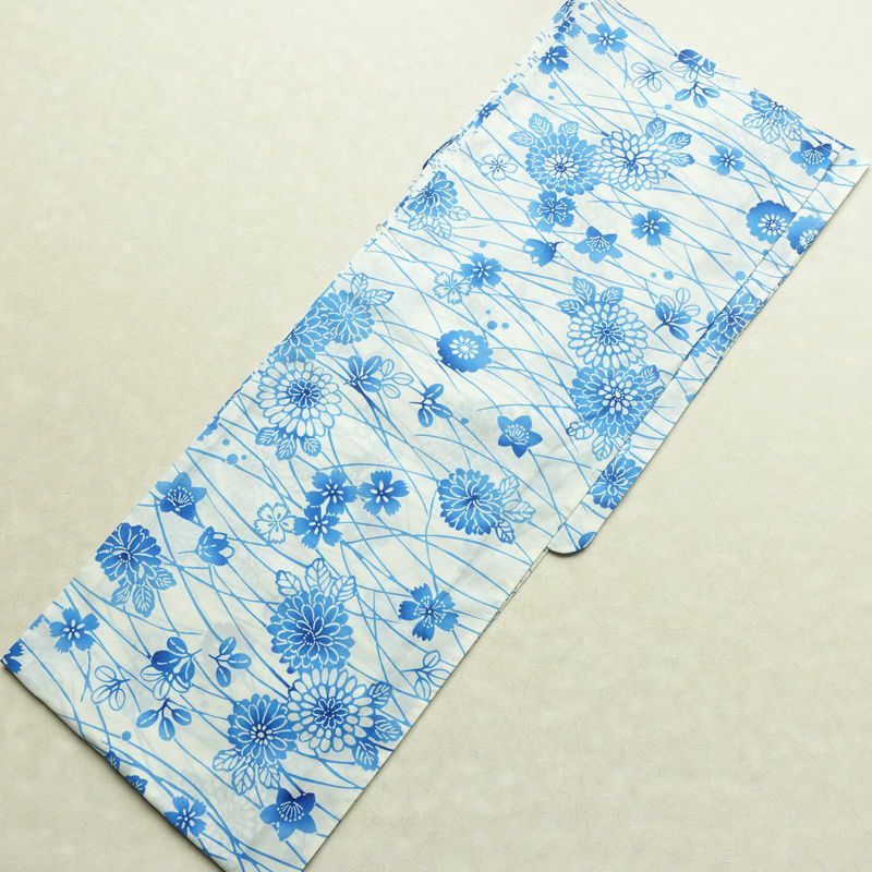 新品 浴衣 帯 2点セット 女性用 綿 平織 古典柄 浴衣 半幅帯 未使用品 白 上品 つゆ芝 菊 モダン