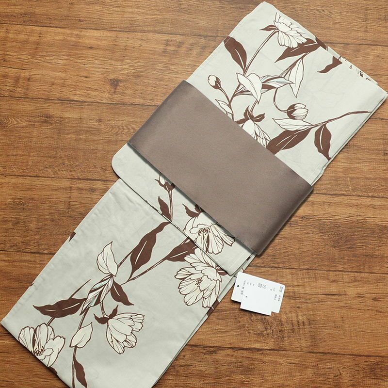 新品 浴衣 帯 2点セット 女性用 綿 平織 古典柄 浴衣 半幅帯 未使用品 未使用品 花柄 グレー