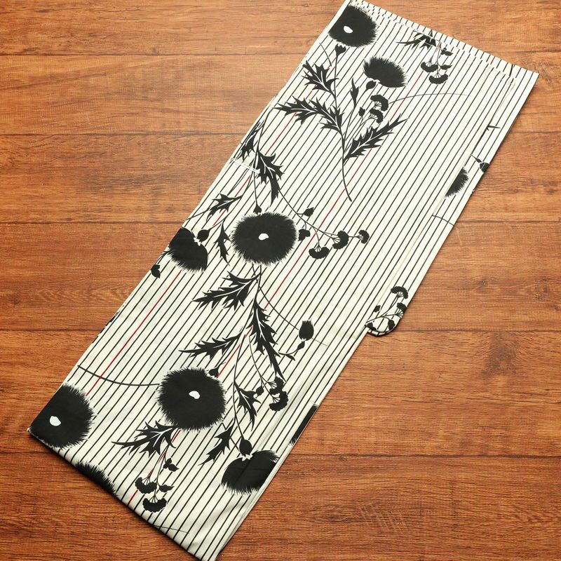 [訳あり]新品 浴衣 帯 2点セット 女性用 綿 平織 古典柄 浴衣 半幅帯 未使用品 アザミ 黒 生成り_画像2