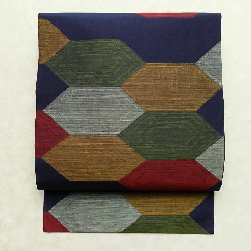 名古屋帯 六通柄 良品 正絹 亀甲柄 名古屋仕立て なごや帯 リサイクル帯 帯 青・紺_画像1