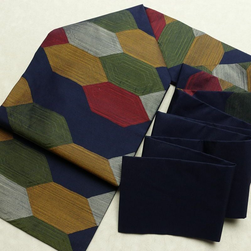 名古屋帯 六通柄 良品 正絹 亀甲柄 名古屋仕立て なごや帯 リサイクル帯 帯 青・紺_画像17