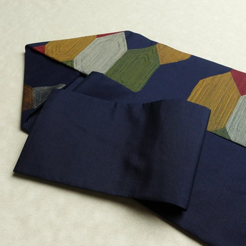 名古屋帯 六通柄 良品 正絹 亀甲柄 名古屋仕立て なごや帯 リサイクル帯 帯 青・紺_画像21