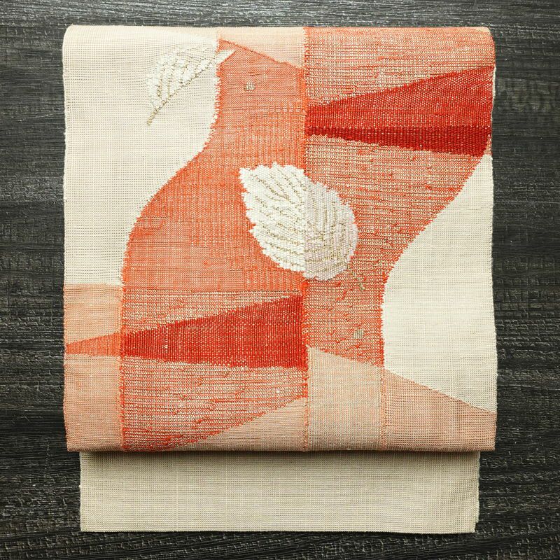 名古屋帯 太鼓柄 良品 正絹 木の葉・植物柄 松葉仕立て なごや帯 リサイクル帯 帯 金糸 モダン ベージュ_画像1