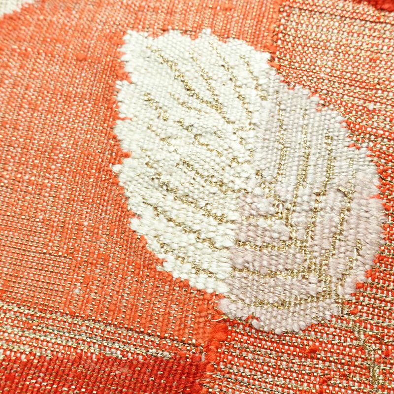 名古屋帯 太鼓柄 良品 正絹 木の葉・植物柄 松葉仕立て なごや帯 リサイクル帯 帯 金糸 モダン ベージュ_画像3