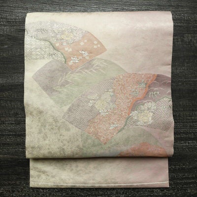 名古屋帯 太鼓柄 正絹 古典柄 名古屋仕立て なごや帯 リサイクル帯 帯 箔 扇面 紫・藤色