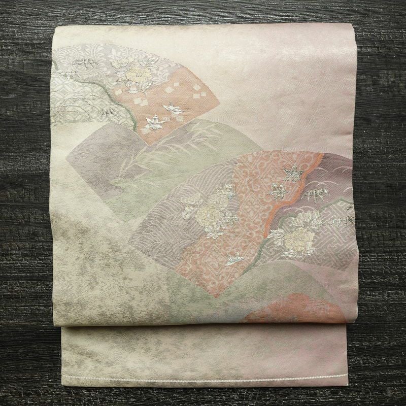 名古屋帯 太鼓柄 正絹 古典柄 名古屋仕立て なごや帯 リサイクル帯 帯 箔 扇面 紫・藤色_画像1