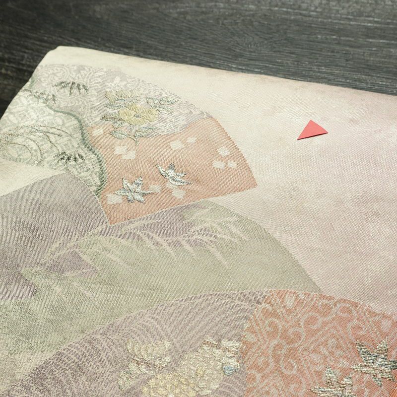 名古屋帯 太鼓柄 正絹 古典柄 名古屋仕立て なごや帯 リサイクル帯 帯 箔 扇面 紫・藤色_画像3