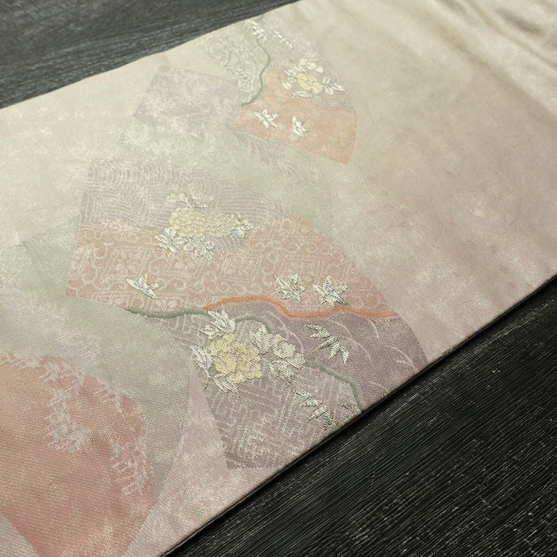 名古屋帯 太鼓柄 正絹 古典柄 名古屋仕立て なごや帯 リサイクル帯 帯 箔 扇面 紫・藤色_画像10