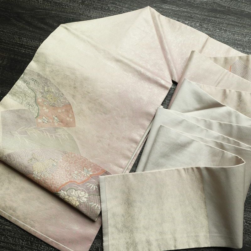 名古屋帯 太鼓柄 正絹 古典柄 名古屋仕立て なごや帯 リサイクル帯 帯 箔 扇面 紫・藤色_画像18