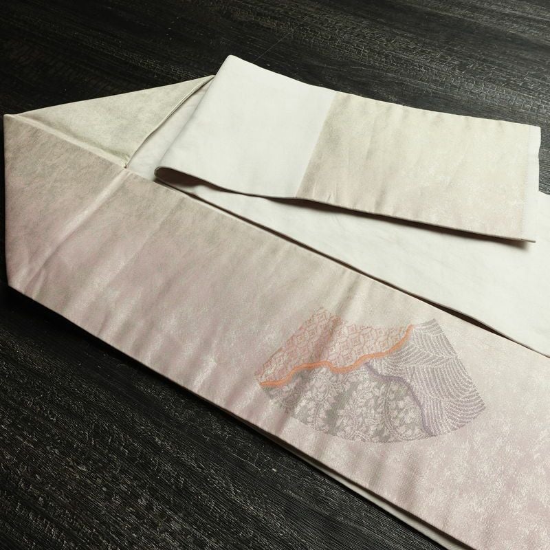 名古屋帯 太鼓柄 正絹 古典柄 名古屋仕立て なごや帯 リサイクル帯 帯 箔 扇面 紫・藤色_画像21
