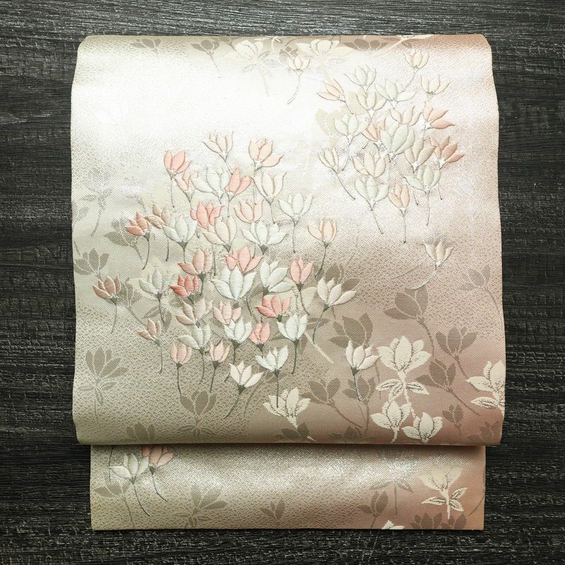 名古屋帯 太鼓柄 正絹 名古屋仕立て なごや帯 リサイクル帯 帯 刺繍 箔 銀糸 上品 ピンク_画像1