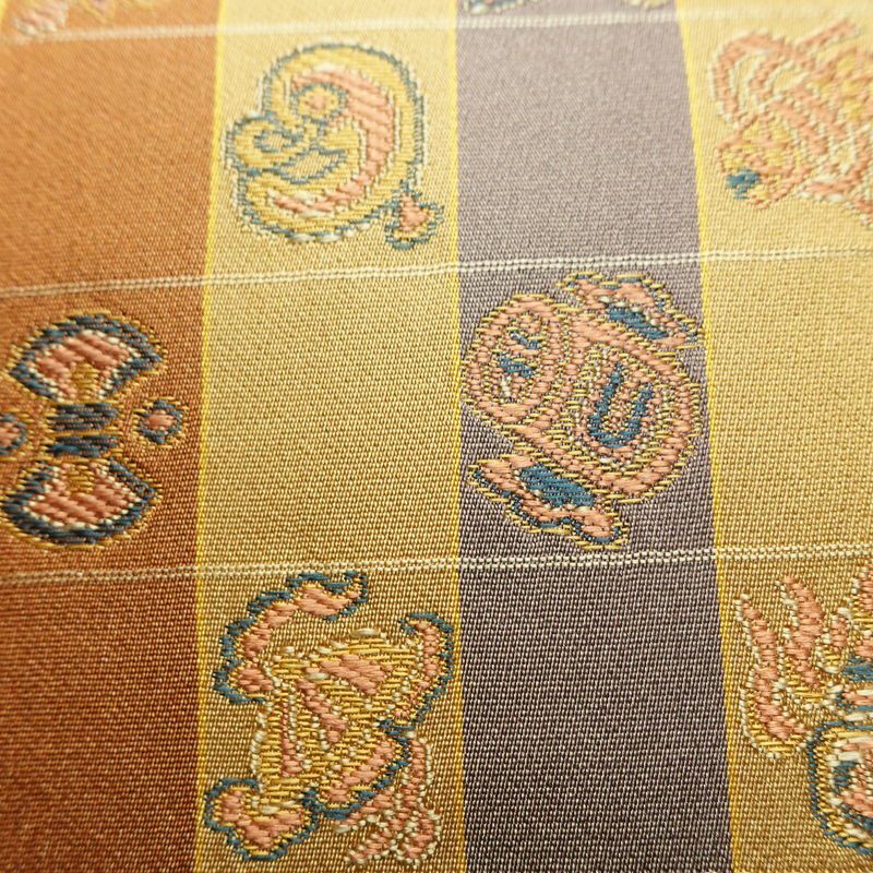 名古屋帯 全通柄 正絹 チェック・格子柄 通し仕立て なごや帯 リサイクル帯 帯 カジュアル 黄・黄土色_画像5