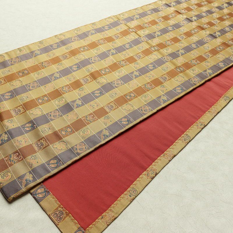 名古屋帯 全通柄 正絹 チェック・格子柄 通し仕立て なごや帯 リサイクル帯 帯 カジュアル 黄・黄土色_画像8