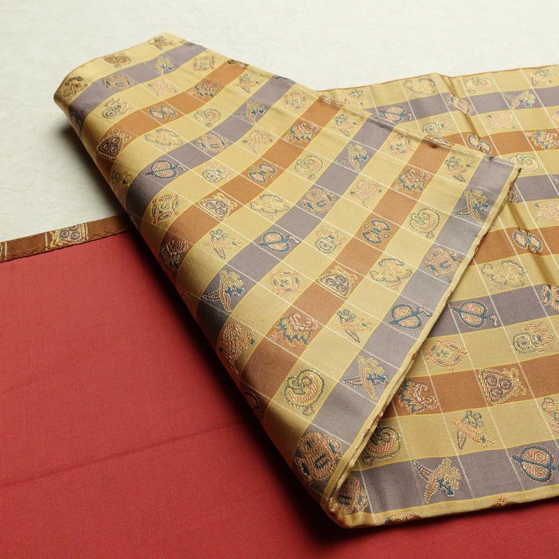 名古屋帯 全通柄 正絹 チェック・格子柄 通し仕立て なごや帯 リサイクル帯 帯 カジュアル 黄・黄土色_画像9