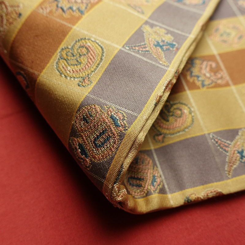 名古屋帯 全通柄 正絹 チェック・格子柄 通し仕立て なごや帯 リサイクル帯 帯 カジュアル 黄・黄土色_画像10