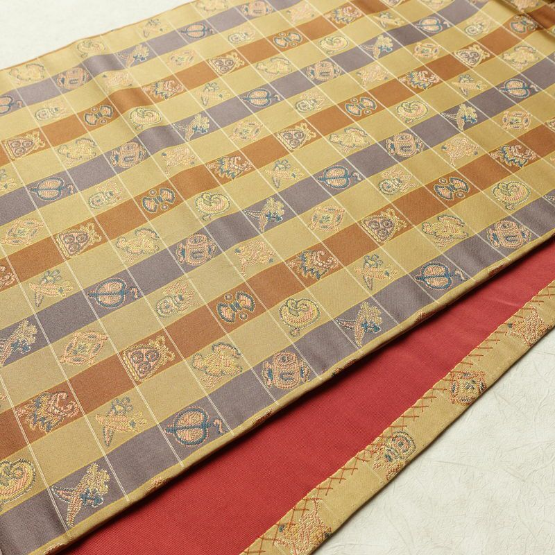 名古屋帯 全通柄 正絹 チェック・格子柄 通し仕立て なごや帯 リサイクル帯 帯 カジュアル 黄・黄土色_画像12