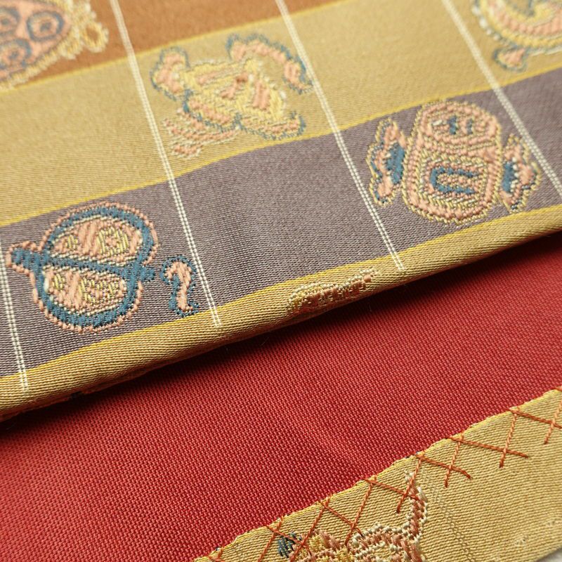 名古屋帯 全通柄 正絹 チェック・格子柄 通し仕立て なごや帯 リサイクル帯 帯 カジュアル 黄・黄土色_画像13