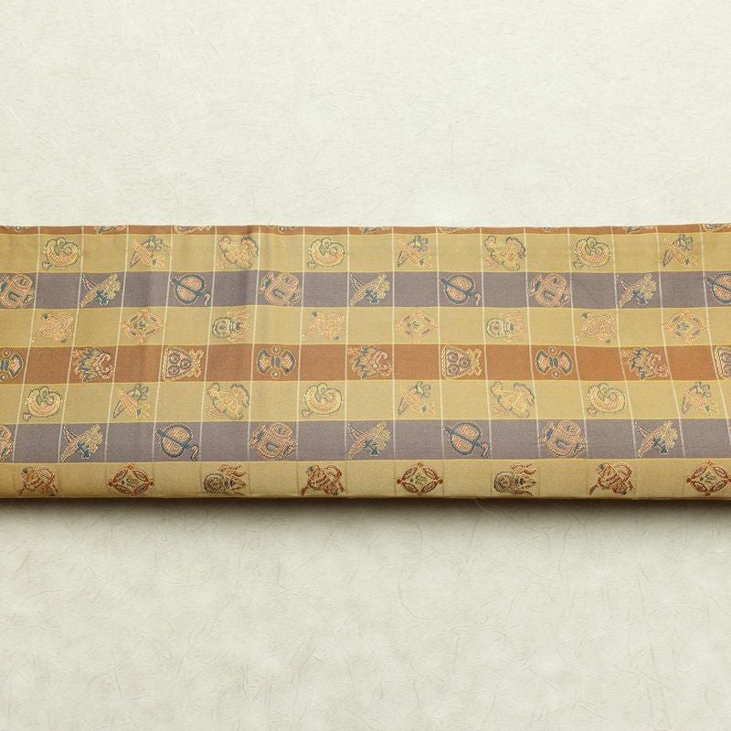 名古屋帯 全通柄 正絹 チェック・格子柄 通し仕立て なごや帯 リサイクル帯 帯 カジュアル 黄・黄土色_画像15
