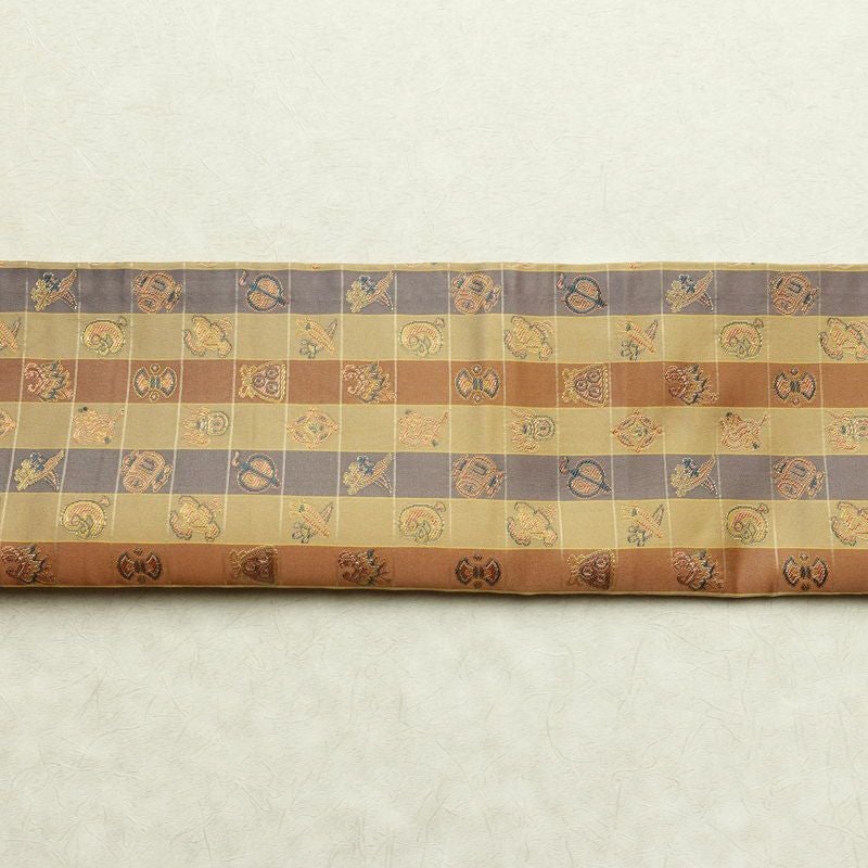 名古屋帯 全通柄 正絹 チェック・格子柄 通し仕立て なごや帯 リサイクル帯 帯 カジュアル 黄・黄土色_画像16